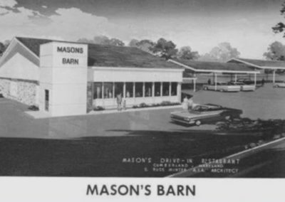 Black and white illustration of Mason's Barn, a drive-in restaurant with a large rectangular building