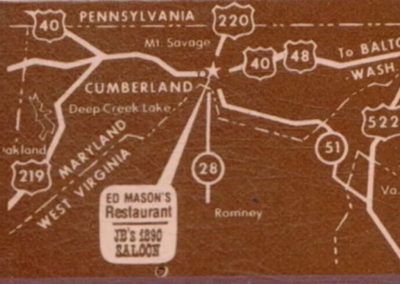 A vintage-style map showing parts of Pennsylvania, Maryland, and West Virginia with major highways including US routes 40, 220, 48, 51, 219, 28, and 522.