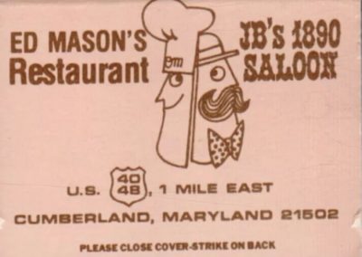 A vintage business card for Ed Mason's Restaurant and JB's 1890 Saloon, located 1 mile east on U.S. Route 40/48 in Cumberland, Maryland 21502.